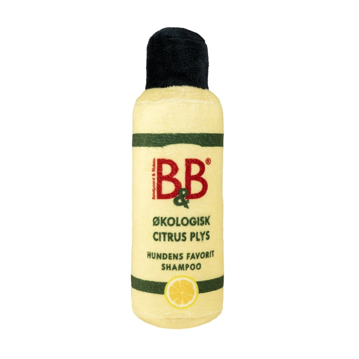 B&B Citrus Plys hundelegetøj formet som en Citrus Shampoo-flaske