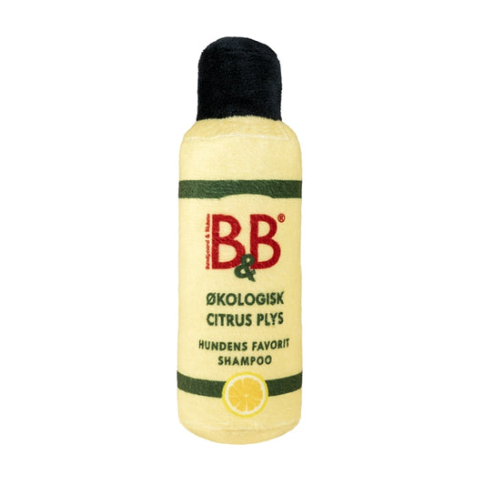 B&B Citrus Plys hundelegetøj formet som en Citrus Shampoo-flaske