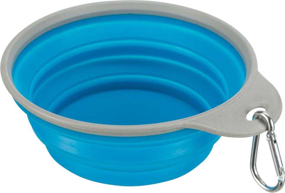 Sammenfoldelig rejseskål i silikone med plastkant og karabinhage til hund og kat