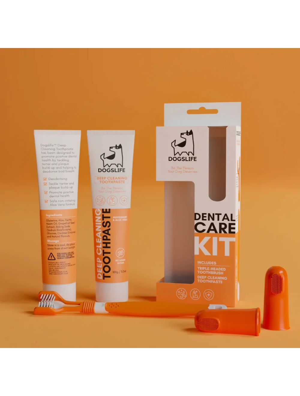 Dogslife Dental Kit tandplejesæt til hund med tandbørste, tandpasta og fingertandbørster, set forfra