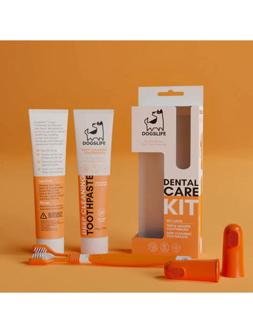 Dogslife Dental Kit tandplejesæt til hund med tandbørste, tandpasta og fingertandbørster, set forfra