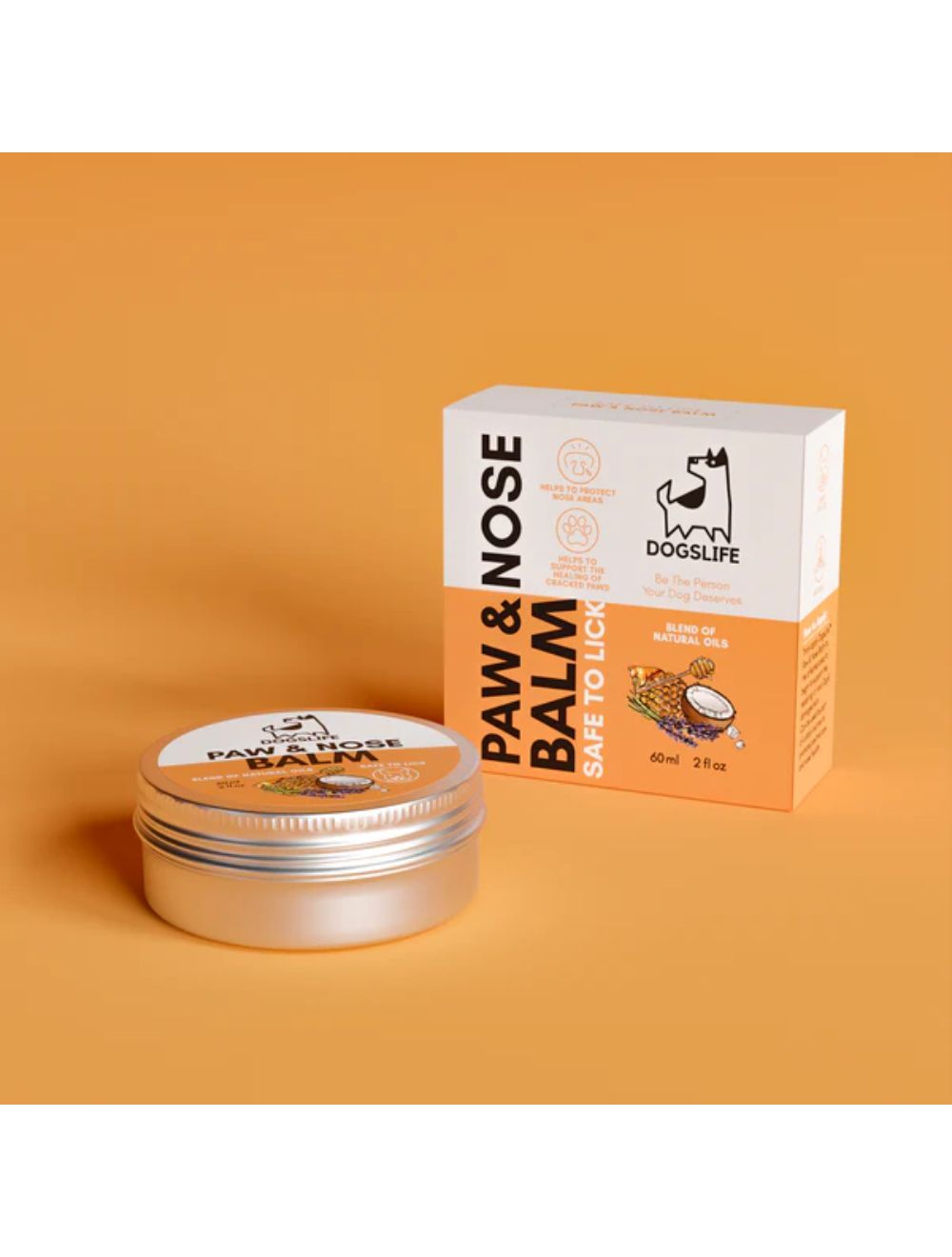 Dogslife Pote- og næsecreme (Paw & Nose Balm) 60 ml til hunde, bøtte på orange baggrund