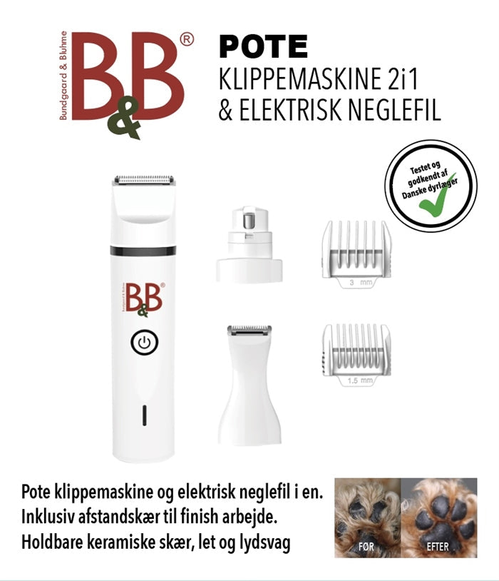 B&B Pote klippemaskine 2i1, potetrimmer og elektrisk neglefil til hund og kat