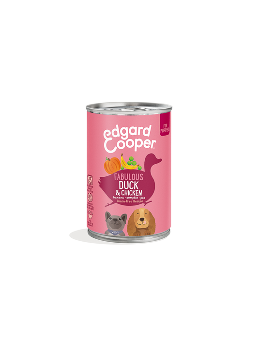 Edgard & Cooper Puppy vådfoder And og Kylling til hvalpe, 400 g dåse set forfra
