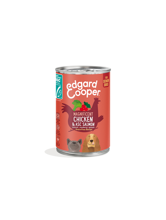 Edgard & Cooper Senior vådfoder Kylling og Laks til ældre hunde, 400 g dåse set forfra
