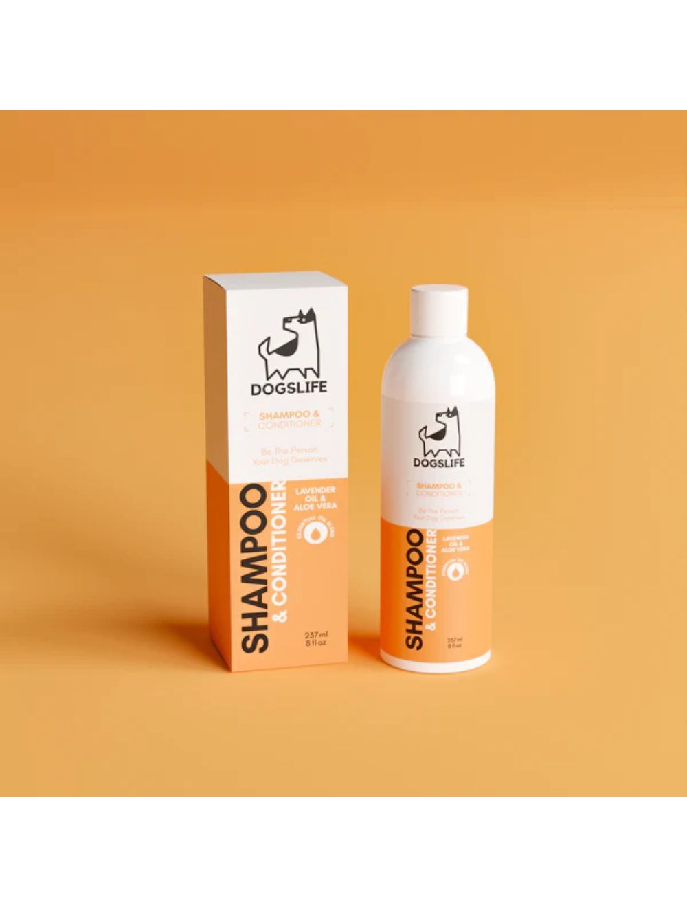 Dogslife Shampoo & Balsam 237 ml til hunde, flaske på orange baggrund